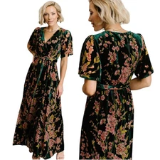 NWT Baltic Born Velvet Floral Maxi Dress XXL Green Fall Wedding Guest Maternity