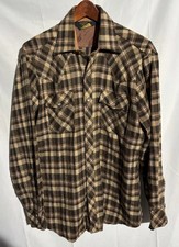 Vintage 80s Kmart Shirt Sz L Brown Acrylic Pearl Snap Western Outdoor Korea