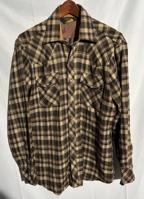 #ad #ad Vintage 80s Kmart Shirt Sz L Brown Acrylic Pearl Snap Western Outdoor Korea $34.95