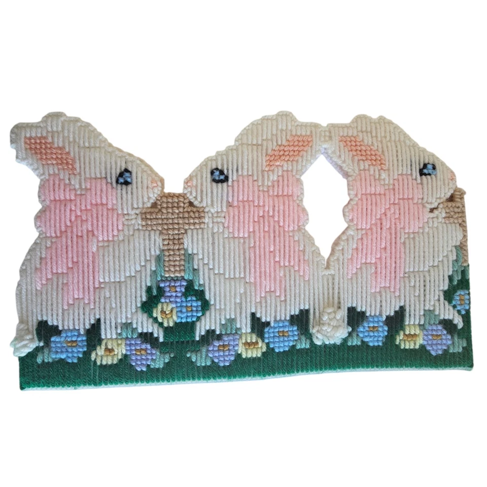 Vintage Plastic Canvas Bunny Easter Plant Pot Cover Handmade Spring Decor - Image 2 of 4