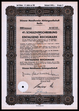 1943 Dürener Metallwerke AG RM 1000 Bond 4% L'"Alcoa" de la Seconde Guerre mondiale Allemagne nazie VF+