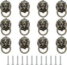 12 Pieces Antique Lion Head Cabinet Knobs, Ring Pulls Handle for Drawer Dresser