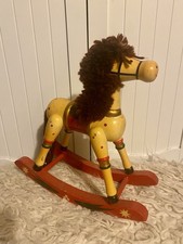 Vintage Wooden Rocking Horse Figurine Yellow/Red With Yarn Mane Tail Folk Art