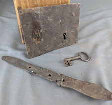 Antique Forged Iron Complete Nice Lock & Key Trunk Wooden Chest Functional