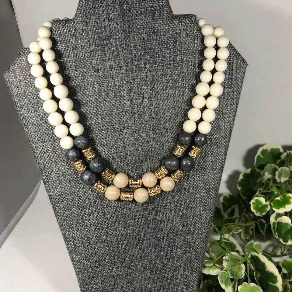 OFF WHITE Collana due fili avorio grigio beige tono oro perline strati 18 chiusura pieghevole