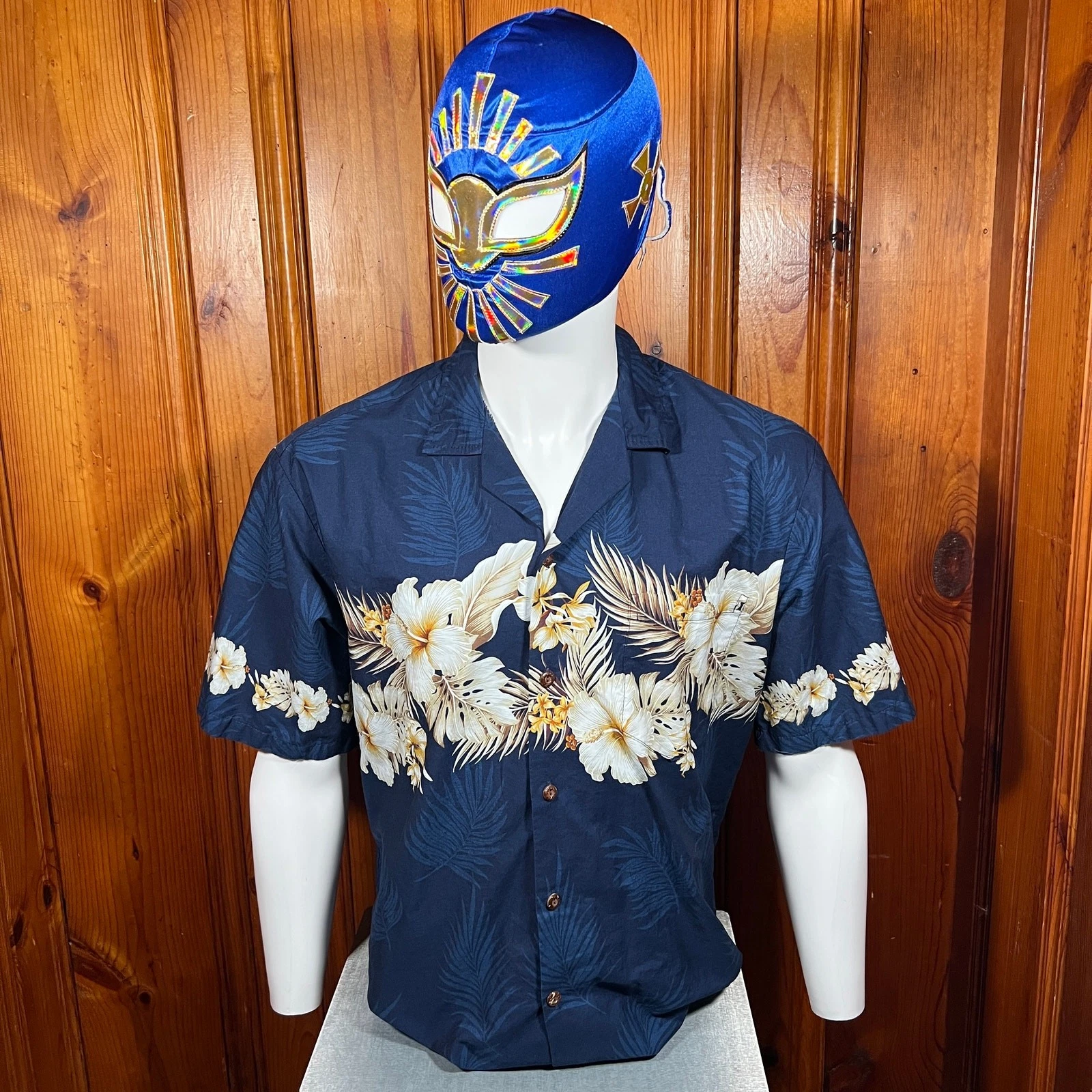 Pacific Legend L Hawaiian Shirt Navy Floral Camp Aloha