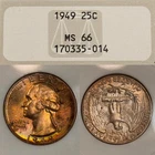MS66 1949 25C Washington Silver Quarter, NGC Old Fatty Holder- Mint Set Toned
