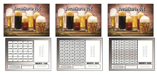 Verzehrkarten Abstreichkarten Guthabenkarten Bezahlkarten 10 20 50 Euro € Bier
