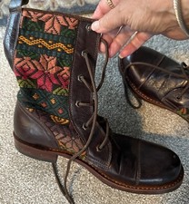 Lumily Brown Leather Lace Up Boots Guatemalan Huipil Insert Handcrafted Boho 39