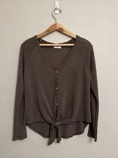 NEW Sienna Sky Waffle Button Down Tie-Front Top Olive Green Cottagecore Grunge S