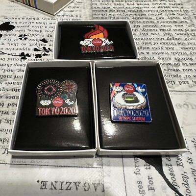 Tokyo 2020 Olympic Pin Set Coca Cola Holy Fire, Stadium And Fire Works