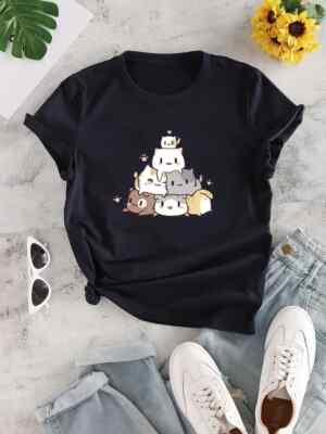 New - Crew Neck Short Sleeve Girl's T-Shirt Cute Cat Print T-Shirt ( size : M )