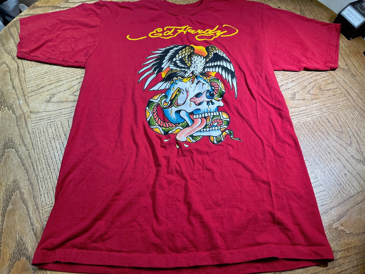 Ed Hardy Mens Red Tattoo Art Y2k Eagle Heart Retro Skull Shirt 