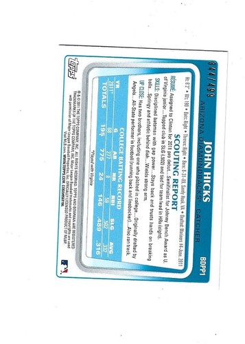 Bowman Draft Prospects Blue 2011 #BDPP1 John Hicks/499 Diamondbacks - Imagen 2 de 2