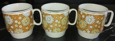 3 MCM Stacking Daisy Mugs Cups White & Brown Vertical Ribbed Base Gold Trim EUC
