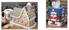 SNOWY SANTA GINGERBREAD HOUSE TISSUE COV.TO STITCH PLASTIC CANVAS PATTERN