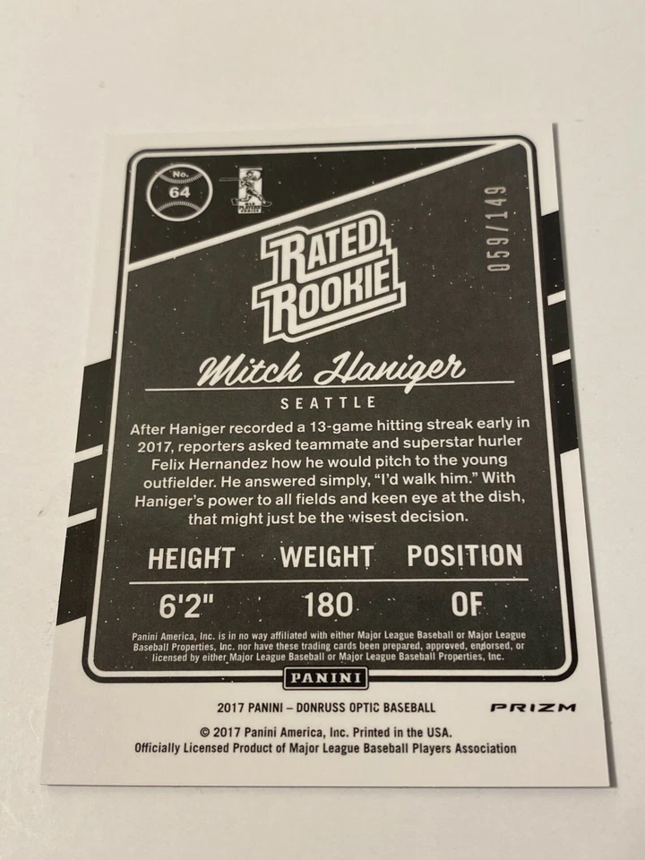 MITCH HANIGER 2017 OPTIC RATED ROOKIE BLUE PRIZM # /149 - Image 2 of 2