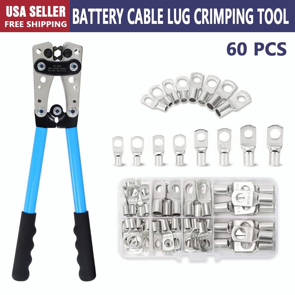 Battery Cable Lug Crimping Tool 10-1 AWG /W 60PC Copper Ring Terminal Heavy Duty