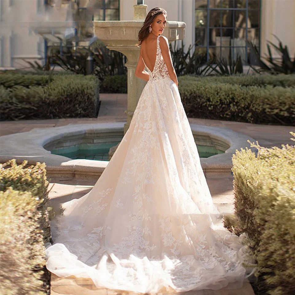 V Neck Wedding Dress Sleeveless Appliques Backless Buttons Tulle Bridal Gown New - Image 2 of 4