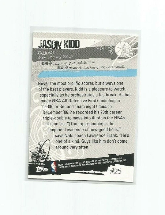 JASON KIDD (Nueva Jersey) 2007-08 Topps caja de lujo tarjeta paralela roja #25 y #94/499 Foto 2 de 2