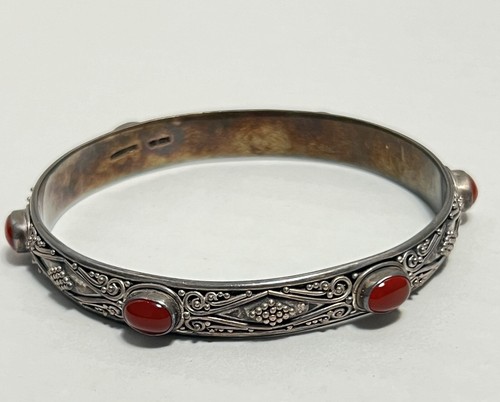 925 Sterling Silver Vintage Real Carnelian Gemstone Ethnic 8” Bangle Bracelet - Picture 8 of 10