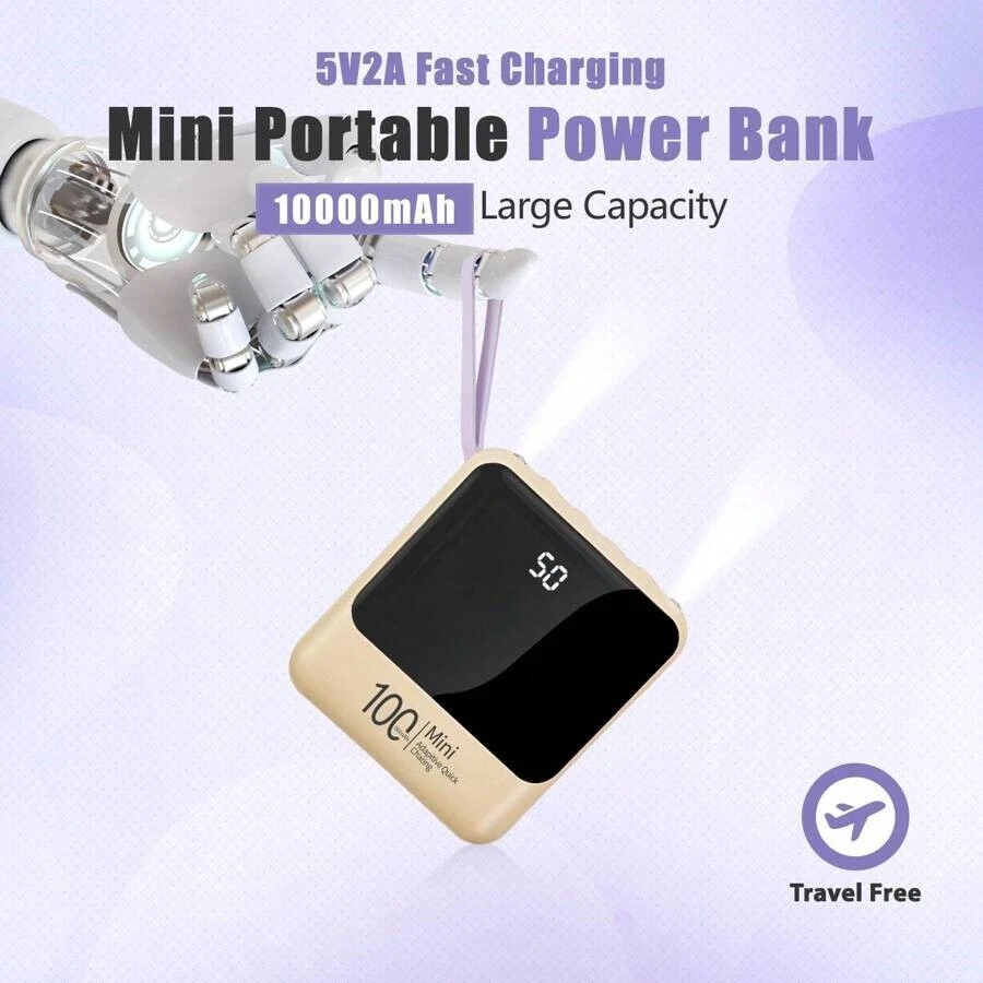 Power Bank 10000mAh Mini Portable – Fast Charging, Built-in Cables, LED Light