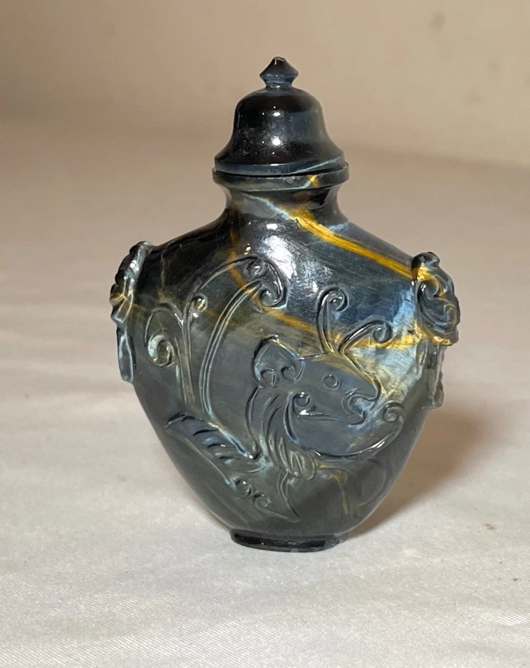 Antiguo chino tallado a mano ojo de tigre piedra botella tabaco frasco escultura baratija Foto 4 de 4