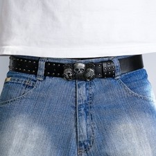Y2K Triple Skull Studded Black Belt Black faux Punk Rock Grunge Emo Goth, NEW