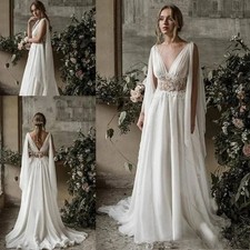 Beach A Line Wedding Dress Boho V Neck Lace Applique Chiffon Backless Bride Gown