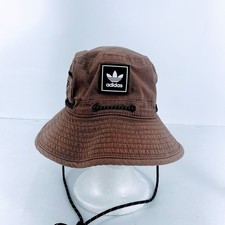 Adidas Brown Ripstop Bucket Hat Side Zip Pocket Adjustable Toggle Trefoil Logo