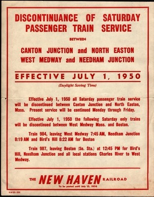 1950 NEW HAVEN RAILROAD SIDE TRAIN SERVICE NEEDHAM MEDWAY CANTON EASTON MA