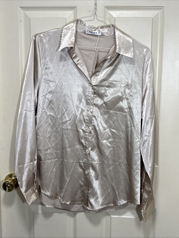 Pausus Silver Satin Button Down Shirt -NWT Sz L