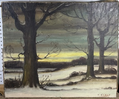#ad 1938 European Oil On Canvas Moody Winter Landscape Signed $169.00