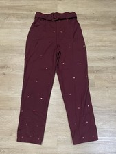 Zara Dress Pants Womens Size XS Red Belted Tapered Fit Trousers Scattered Sequin