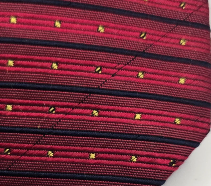 Corbata Halston Hombre Rayas Rojas y Azules con Lunares Dorados 100% Seda L59 1/4"W4" Foto 3 de 4