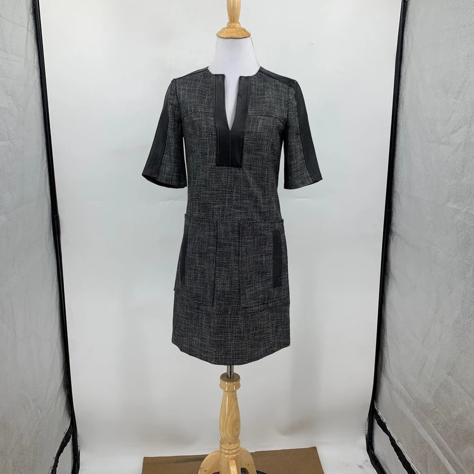 Nanette Lepore 连衣裙女式 0 灰色粗花呢皮革细节肘袖分领 — 第 2/4 张图片