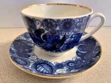 Vintage Lomsonov Imperial Porcelain Tea Cup & Saucer  - Blue Bird - From Russia