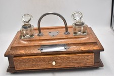 Antique Oak Wooden Inkwell Double Glass Desk Tidy Pen Stand with Drawer