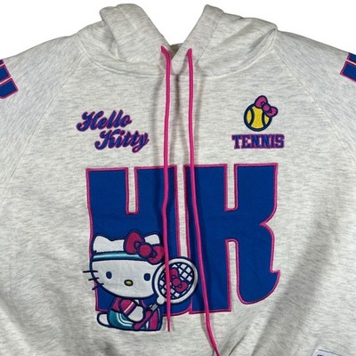 Hello Kitty Tennis Cropped Hoodie Ash Heather Grey Pink Blue