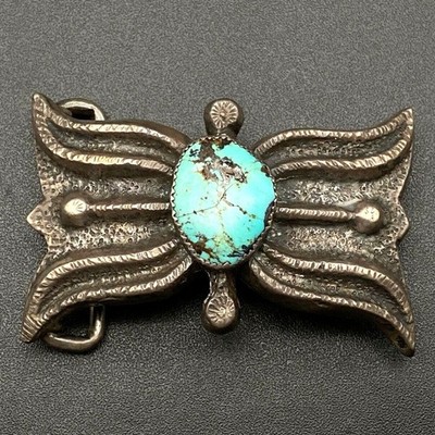 Vintage Alberto Contreras Turquoise Sandcast Sterling Silver Belt Buckle 1-1/2''