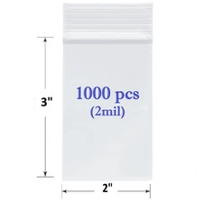 1000ct Clear Resealable 2"x3" Zip Seal Top Lock 2MIL Clear Plastic Bags Baggies