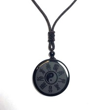 Feng Shui Black Obsidian Nine Character Mantra Pendant Necklace Amulet Clarity