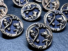 10 ANTIQUE? ROUND BRASS SHANK 14MM BUTTONS : FOX OR WOLF & BIRD IN TREE