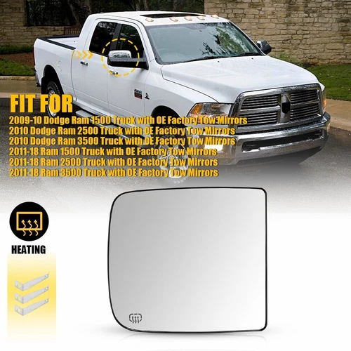For 2009 - 2022 RAM Upper Towing Mirror Glass Heated Passenger Side 68067726AA