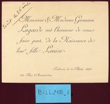 faire-part de Naissance Mr & Me Germain Lagarde.leur fille Louise. Toulouse.1893
