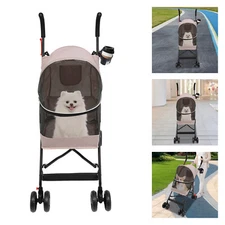 4 Wheels Pink Pet Stroller Cat Cage Travel Carrier w/ Rear Pocket&Cup Holder