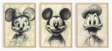 MICKEY MOUSE MINNIE MOUSE DONALD DUCK SET OF 3 DRAWING PRINTS SKETCH 8" x 10"