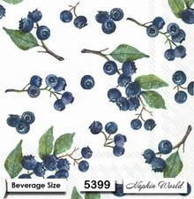 (5399) TWO Individual Paper BEVERAGE / COCKTAIL Decoupage Napkin - BLUEBERRIES