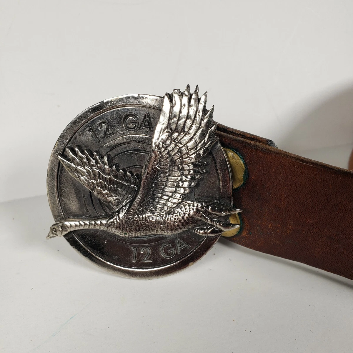 VINTAGE 1980 Great American Buckle Co Duck Shotgun 12 Gauge Belt Buckle and Belt