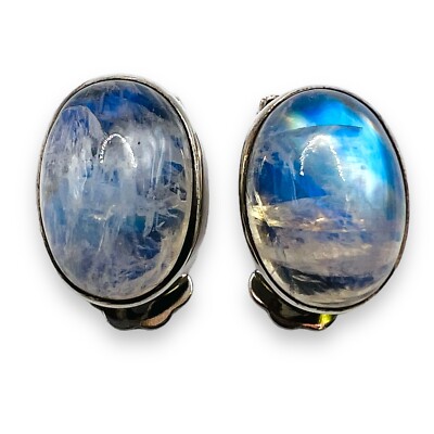 Clip On Earrings Natural Genuine Rainbow Moonstone Earrings Non-Pierced